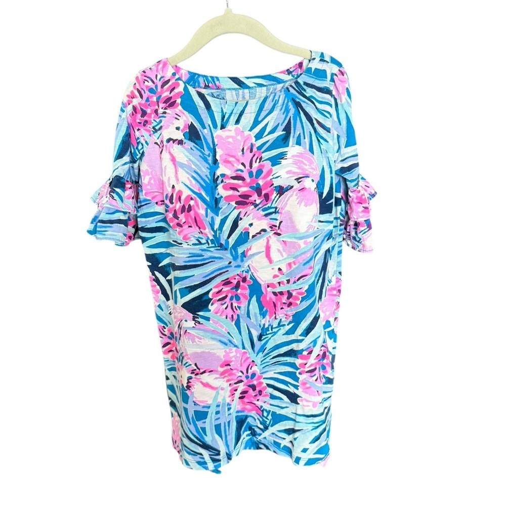 Lilly Pulitzer Girls M 7/8 Tropical Palm Print Ruffle Sleeve Dress Blue Pink V7